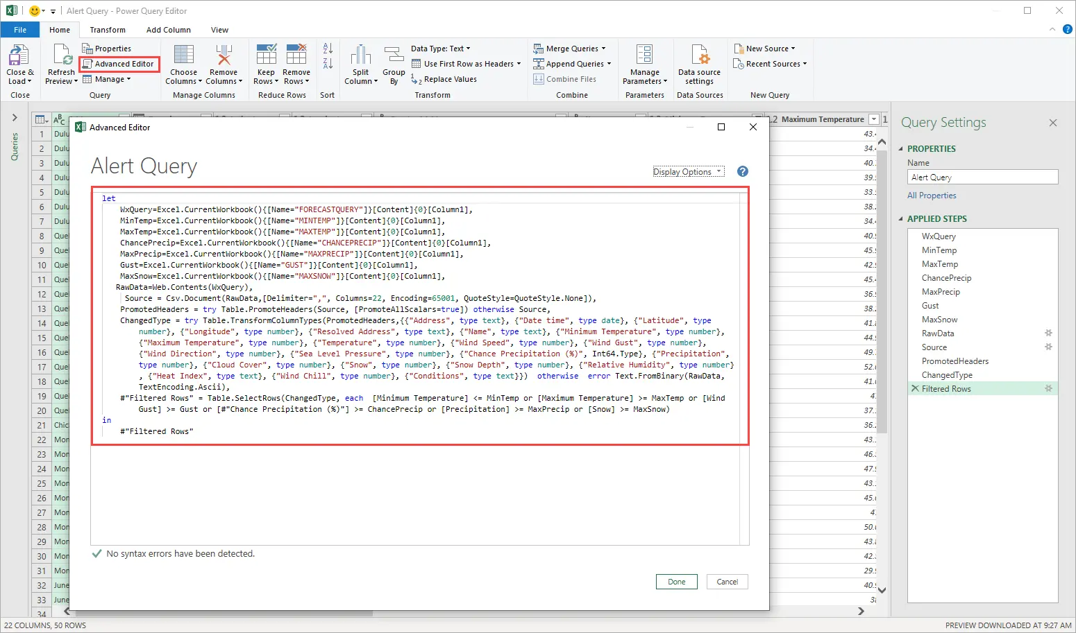 Advanced Editor for code-level filtering of weather alerts data