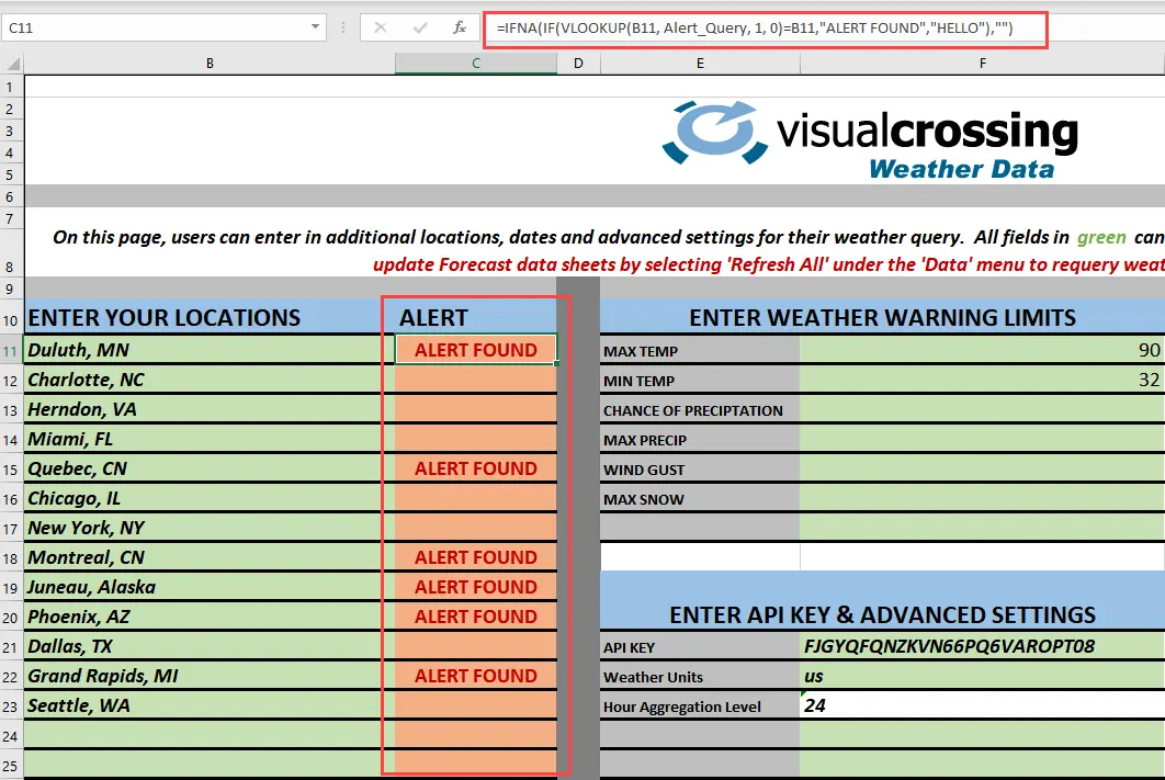 Showing location alerts in Excel cell values