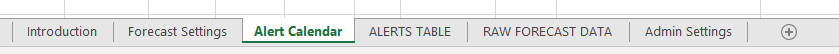 Sheets that make up the Weather Alert Workbook